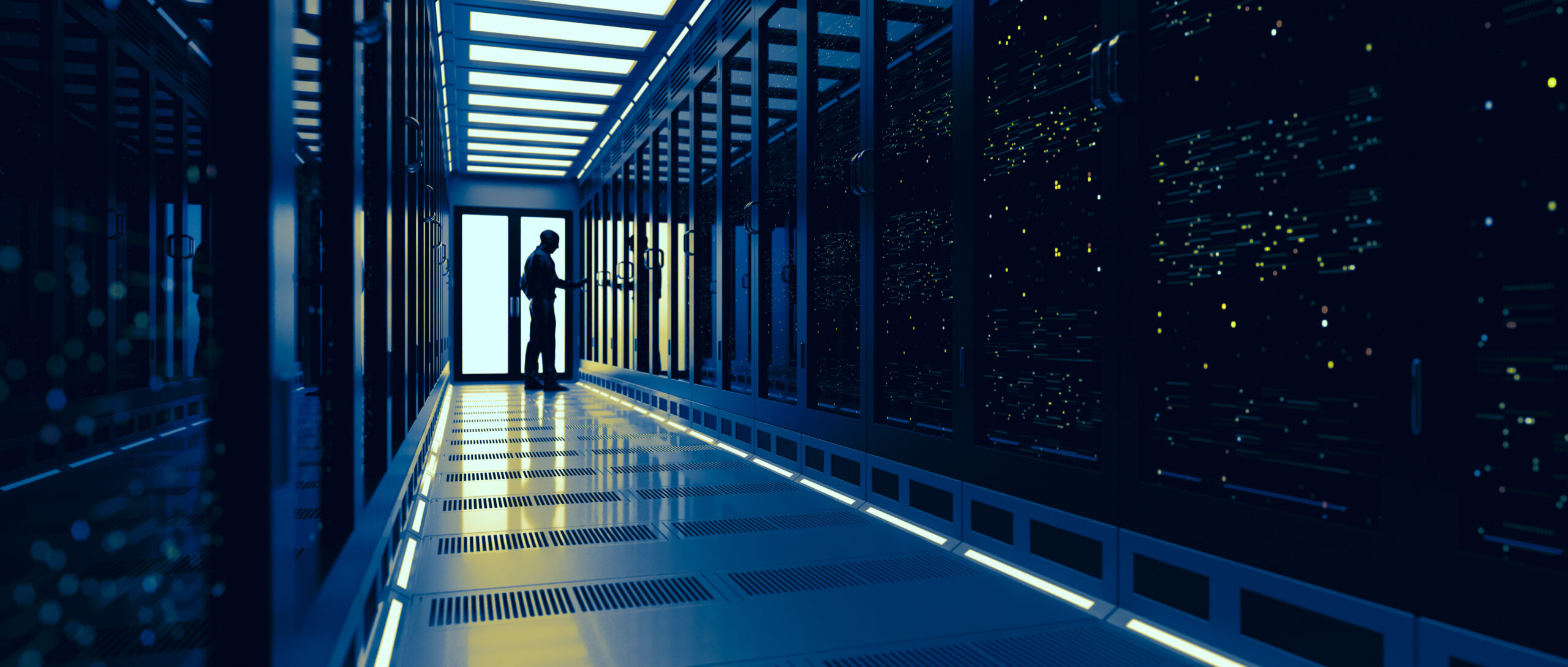 Picture of a man standing alone in a server room